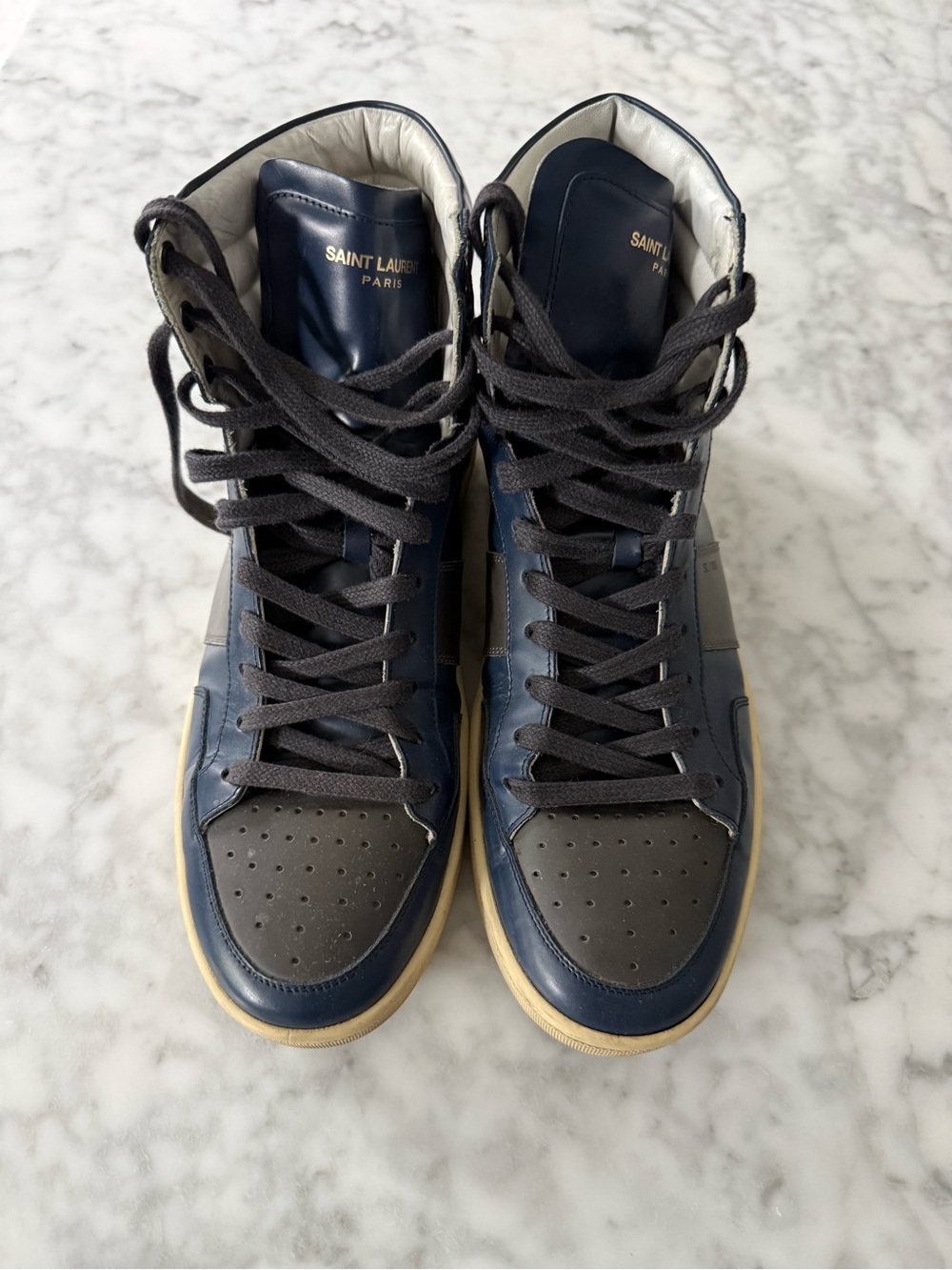 Saint Laurent Men’s Navy and Black High-Top Sneakers with Cream Sole